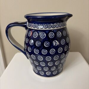 Polish Pottery Boleslawiec Cobalt Peacock Pitcher Vase EUC
